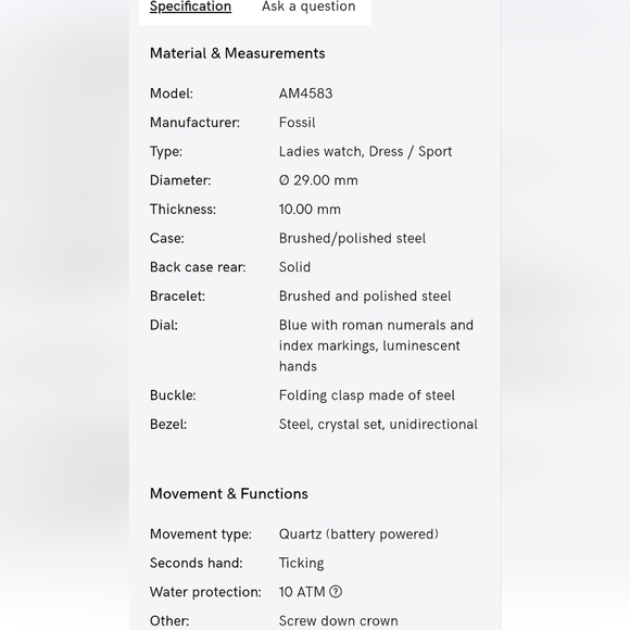 1 Inch Stainless Steel & Sapphire Blue Fossil Watch with Swarovski Crystals - Picture 6 of 6